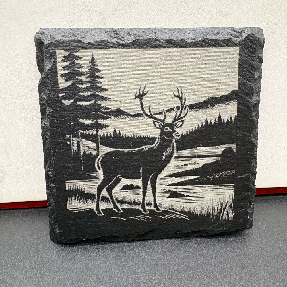 Rustic Deer Slate Coasters - Black and Gray (Set of 4) Laser Engraved Coated - Picture 5 of 8